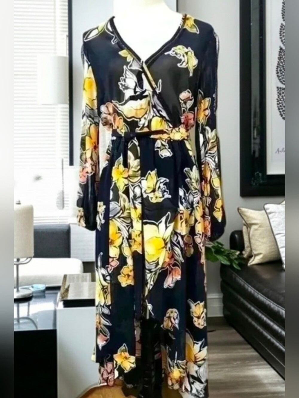 836. Ark & Co. Floral Split Sleeve Maxi Wrap Dress Size M Black Yellow Chiffon